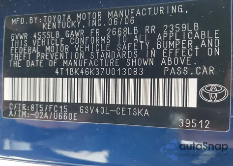 2007 Toyota Camry Se V6 from USA, damaged, VIN 4T1BK46K37U013083